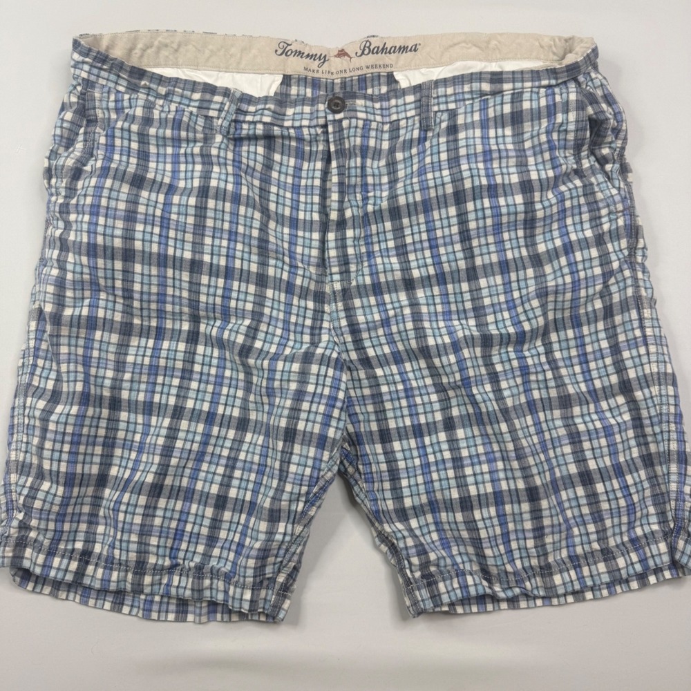 Tommy Bahama Plaid Shorts Mens 44 Blue White Linen Blend Relaxed Casual Beach